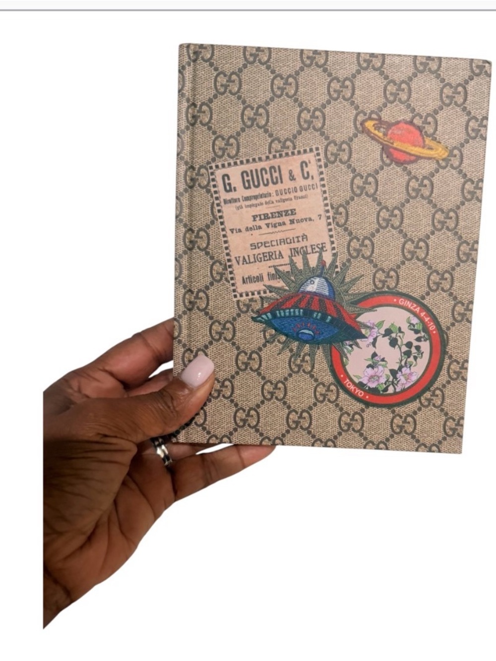 Gucci Beige Monogram Notebook with Colorful Planet and Floral Patches